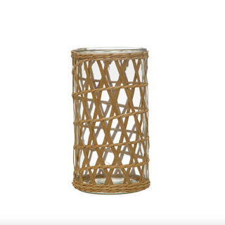 Woven rattan wrapped hurricane vase